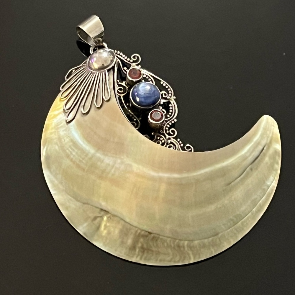 Artisan Designer Mother of Pearl Crescent Moon Sterling Silver Large Pendant